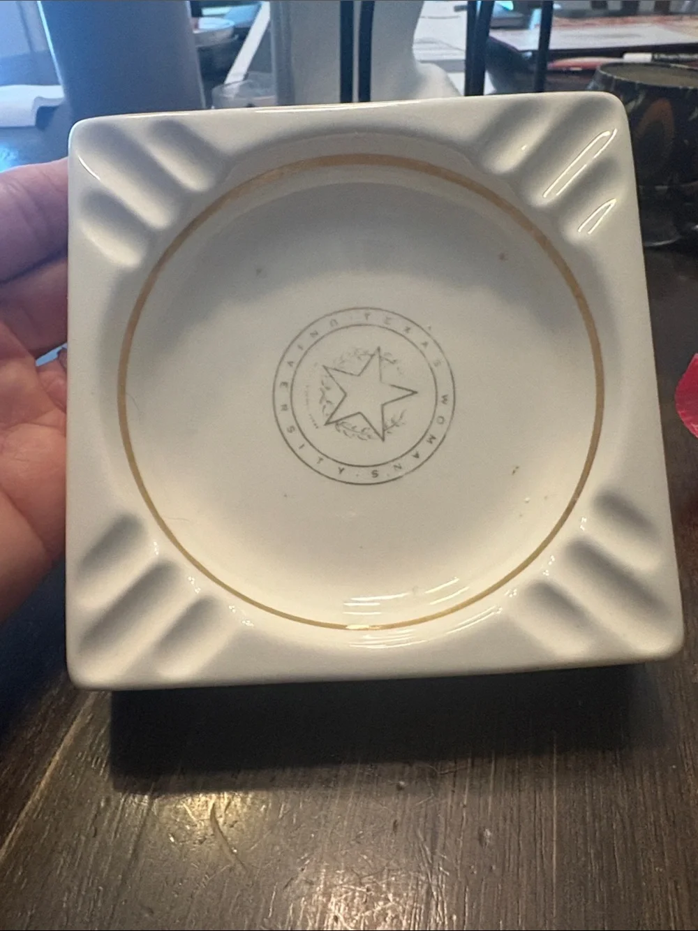 Vintage TWU White Ceramic Ashtray with Gold Trim